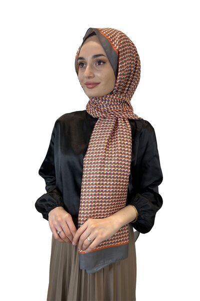Siyane Scarf Pamuk Soft Şal, Geometrik Desen 01016 Turuncu Füme