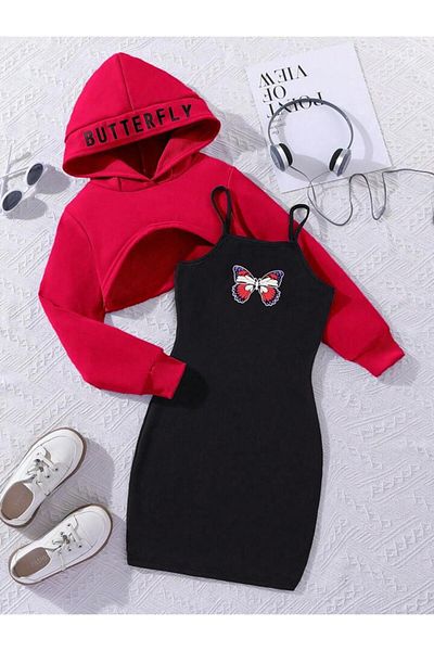 Machetta Butterfly Printed Dress and Crop Sweatshirt 2-Piece Combination for Kids