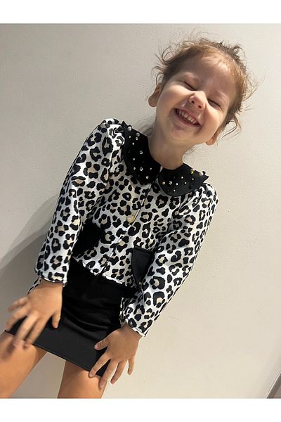 NA ADDESIGN set jachetă fustă fetiță, costum fustă neagră jachetă leopard