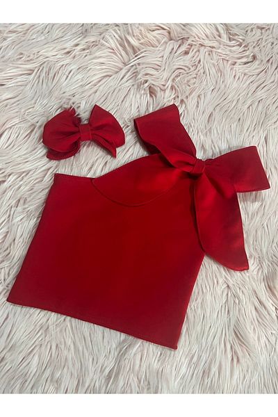 NA ADDESIGN Girl's One-Shoulder Bow Detailed Red Summer Crop Blouse and Buckle