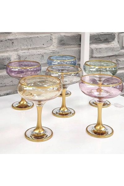 Paşabahçe Set of 6 Hand Decorated Gilded Glass Ice Cream Bowls, Glass Ice Cream Bowls, Snack Bowls