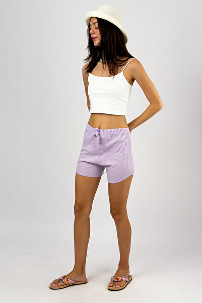 Betimoda %100 Pamuk Kadın Fitilli Çizgili Ince Şort Lila