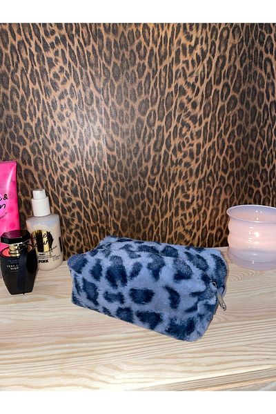 fluffy Geantă de machiaj de pluș Blue Leopard - 20*10