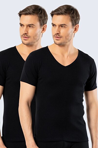 Cacharel 2 Pieces Undershirt - 100% Cotton Deep V-Neck Short Sleeve Men's T-Shirt