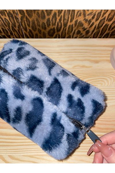 fluffy Geantă de machiaj de pluș Blue Leopard - 20*10