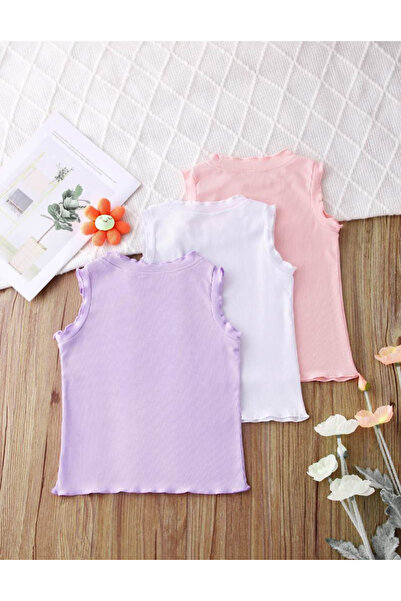 eymwes Kız Bebek Ve Çocuk 3 Adet Yazlık Kaşkorse T-shirt Set Lila Beyaz Pembe