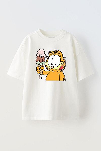 NMG TEKSTİL تي شيرت أبيض كبير الحجم من القطن - آيس كريم جيرفيلد مطبوع للجنسين