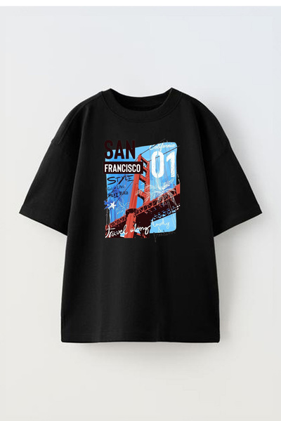 NMG TEKSTİL San Francisco Red Bridge Printed Unisex Oversize Cotton T-shirt