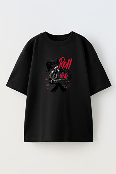 NMG TEKSTİL تي شيرت قطني أسود كبير الحجم مطبوع عليه قرد روك رول للجنسين