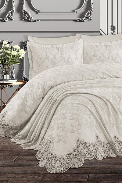 Çt Çeyizci Tekstil Double Bed Cover And Pique Set 6 Pieces Water Lily - Cream