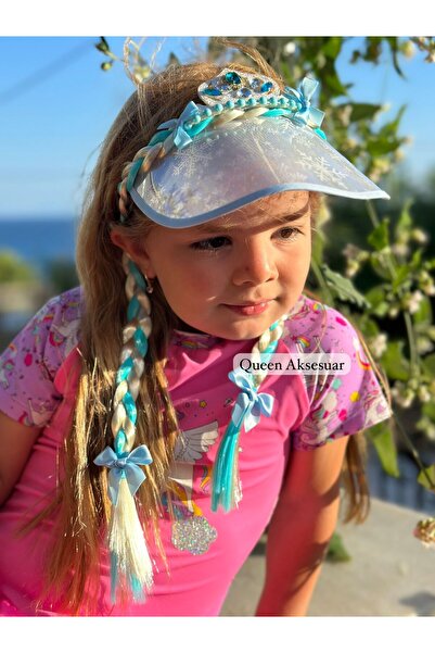 Queen Nelly Elsa kristal prenses taşlı simli kar tanesi örgü saçlı taç şapka çocuk tacı mavi