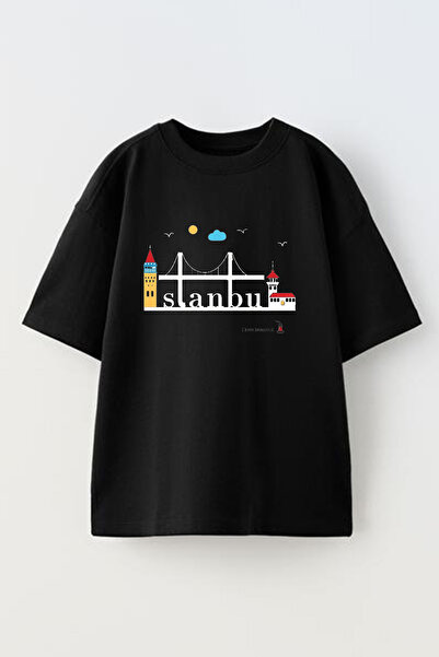 NMG TEKSTİL Μαύρο Oversize Βαμβακερό Istanbul Σχέδιο Πλεκτό T-shirt - Unisex