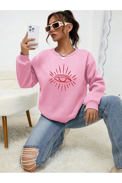 Boi Χειμερινό φούτερ Line Eye's Eye Pattern - Λευκό, Ροζ, Oversize, Ανοιχτό, Ποδηλατικό λαιμό