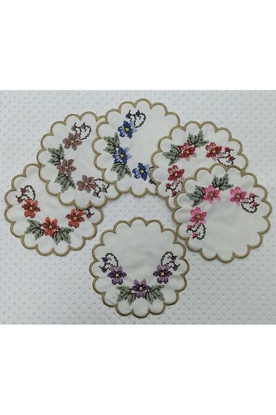 Altın Çeyiz Tekstil Kokteyl Kahve Yanı Renkli Kanaviçe Nakışlı Sunumluk Peçet...