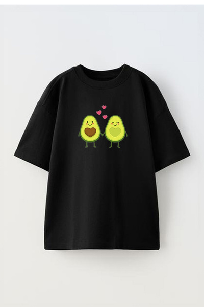 NMG TEKSTİL Unisex Μαύρο Oversize Βαμβακερό - Μπλουζάκι με στάμπα Avocado