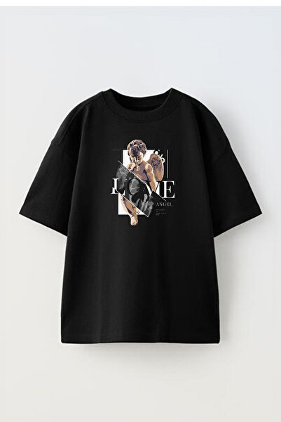 NMG TEKSTİL Unisex Black Oversize Cotton Love Angel Printed Knitted T-Shirt