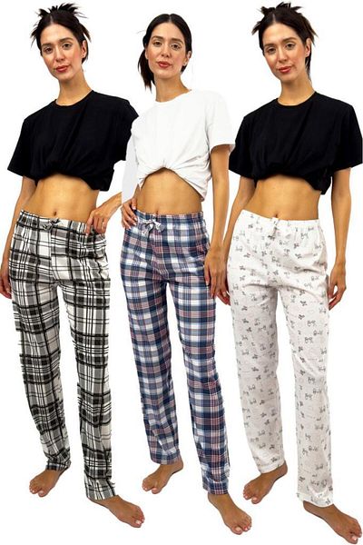 Betimoda Pachet de 3 pantaloni de pijama imprimați pentru femei, din bumbac, în patru anotimpuri, din țesătură respirabilă, cu detaliu în talie
