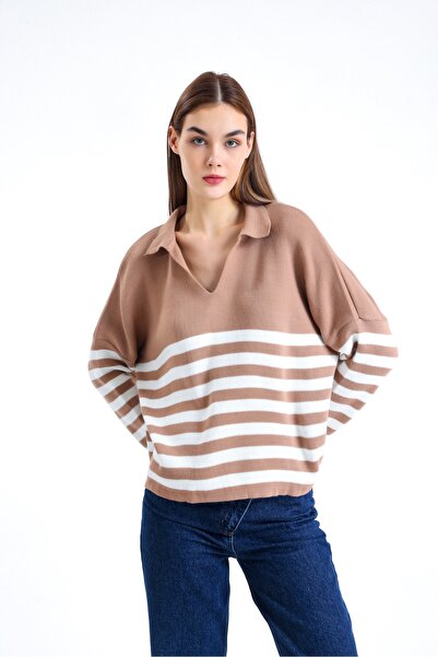 Jose Clothing Дамски пуловер на райета с поло яка