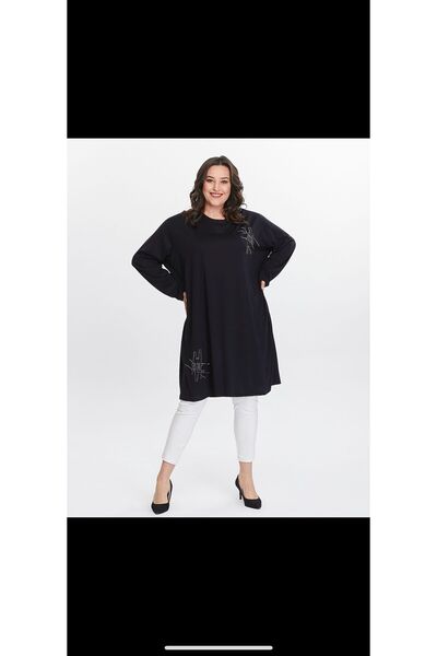 Seçkin Büyük Beden Plus Size Stone Detailed Long Hem Dress - Hem Tunic