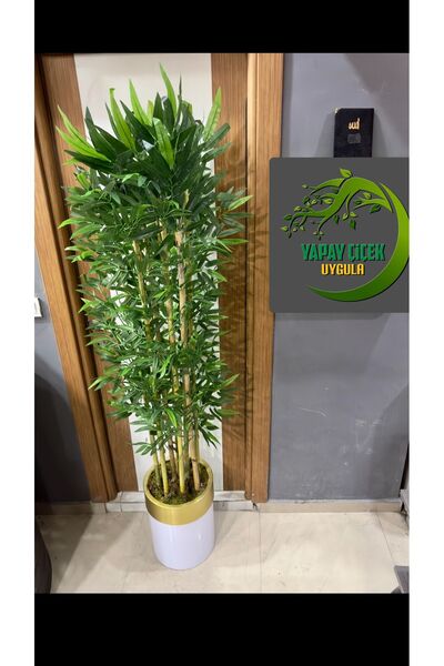 İremÇiçekçilik Beyaz Gold Metal Saksıda 7 Gövdeli Bambu 180 Cm Yapay Ağaç