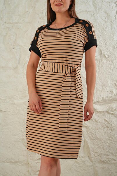 ESPİNA Kadın Çizgili Kuşaklı Omuz Düğme Detaylı Elbise