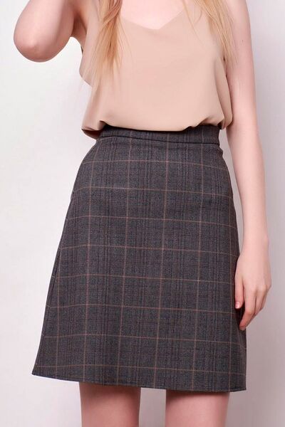 MissThetis Yüksek Bel Arkadan Gizli Fermuarlı Diz Üstü Ekoseli Klasik Kumaş Ofis Çan Etek