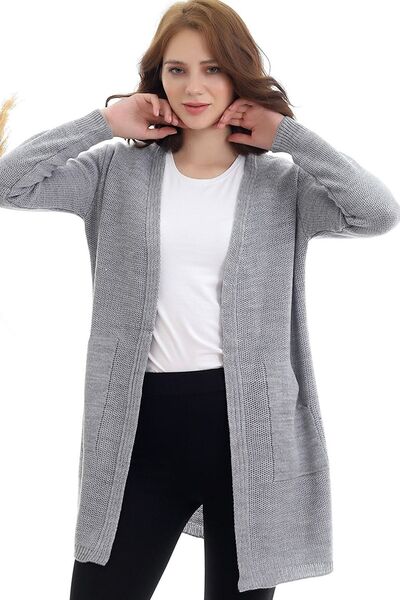 MissThetis Kangru Cepli V Yaka Uzun Kol Rahat Kalıp Midi Boy Esnek Triko Hırka