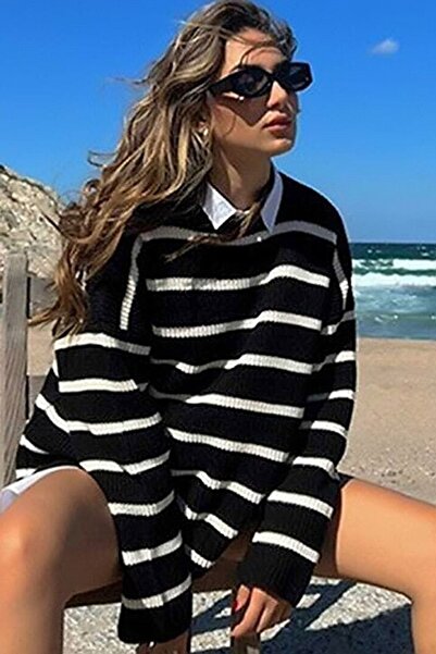 MissThetis Yuvarlak Yaka Düşük Uzun Kol Selanik Örgü Çizgili Şık Ve Cool Sala...