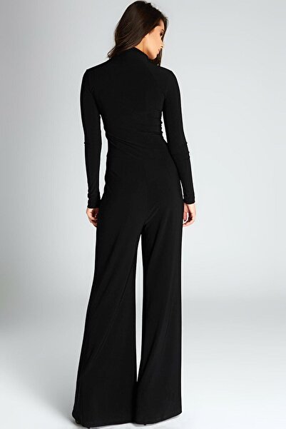 MissThetis Beli Deri Parçalı Ispanyol Paça Detaylı V Yaka Önden Fermuarlı Rahat Kalıp Şık Ve Cool Likralı Tulum