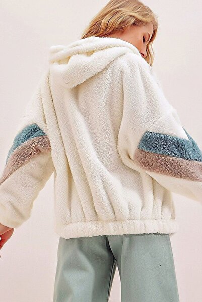 MissThetis Kapüşonlu Uzun Renk Bloklu Kol Fermuarlı Şık ve Cool Yumuşak Oversize Rahat Peluş Mont