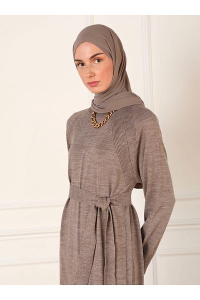 Refka Gürtel Detaillierte Reglan Ärmel Strick Hijab Kleid - Nerz - Refka