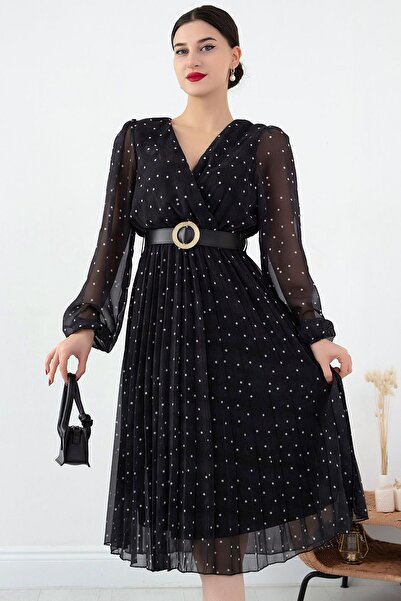 MissThetis Kruvaze Yaka Ucu Büzgülü Uzun Balon Kollu Astarlı Eteği Piliseli P...