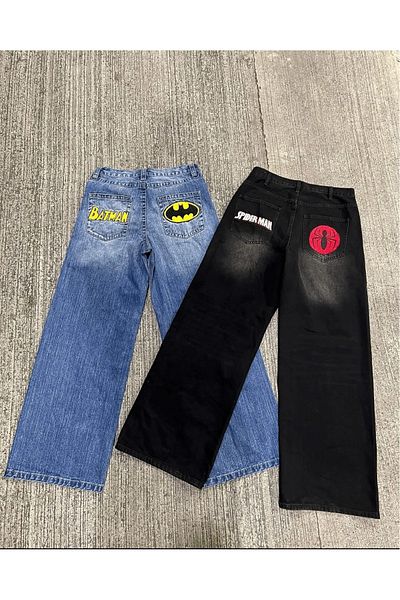 ellevana Spider Batman Patterned Baggy Jeans