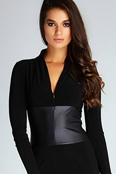 MissThetis Beli Deri Parçalı Ispanyol Paça Detaylı V Yaka Önden Fermuarlı Rahat Kalıp Şık Ve Cool Likralı Tulum