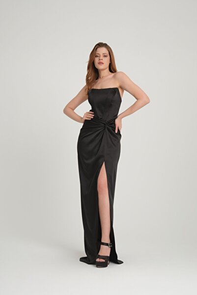 meksila kadın saten straptes balenli düğüm detaylı yırtmaçlı uzun saten astarlı düğün nişan davet abiye