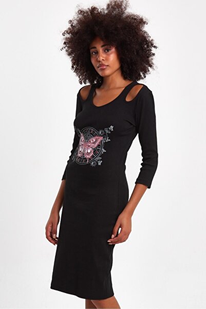 ESPİNA Γυναικείο φόρεμα με λαιμόκοψη με λεπτομέρεια εμπριμέ στρας