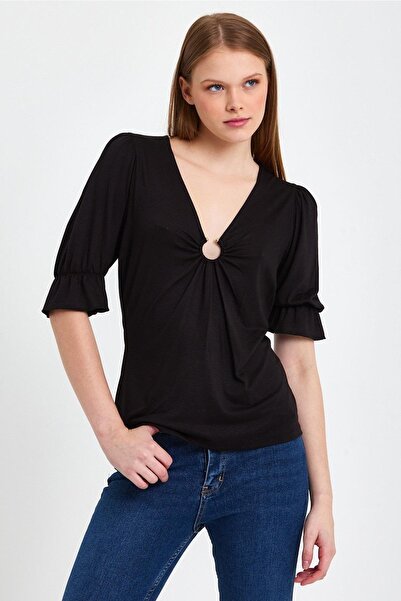 ESPİNA Floral Patterned Wrapped V-Neck Blouse with Front Buckle