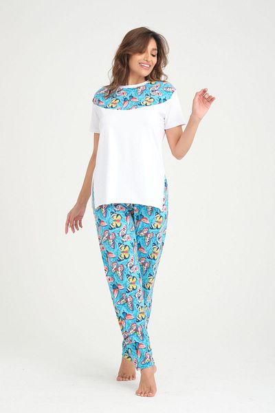 ESPİNA Turquoise Butterfly Printed Cotton Knitted Pajamas Set