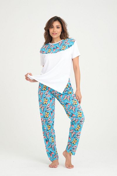 ESPİNA Turquoise Butterfly Printed Cotton Knitted Pajamas Set