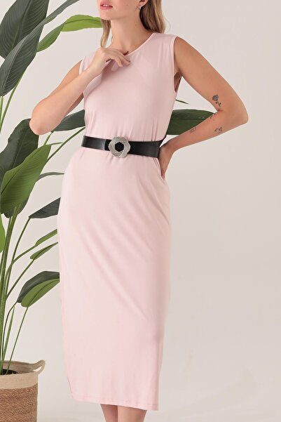 ESPİNA Women's Belted Long Sleeveless Poly Viscose Daily Rescue Dress