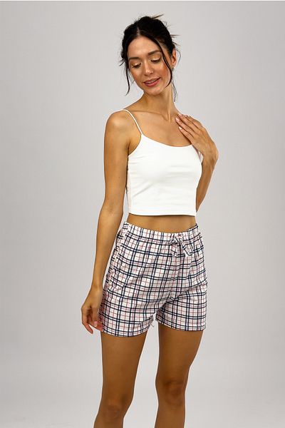 Betimoda Women's 100% Cotton Single Jersey Patterned Soft Basic Mini Shorts Red Stripe White Square