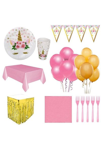 UNICORN Birthday Party Set+gold Metalized Table Skirt for 16 People