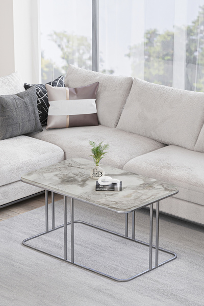 ED Efelez Design Orta Sehpa , Lyon Orta Sehpa , Gümüş Metal - Beyaz Mermer Tabla