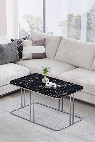 ED Efelez Design Orta Sehpa , Lyon Orta Sehpa , Gümüş Metal - Siyah Mermer Tabla