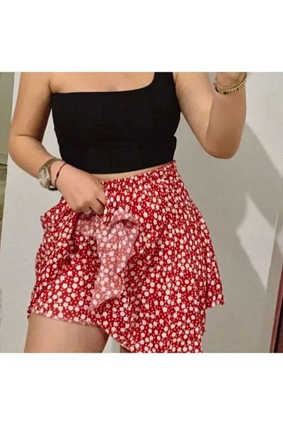 SUHIS Red, Elastic Waist, Summer Short Skirt