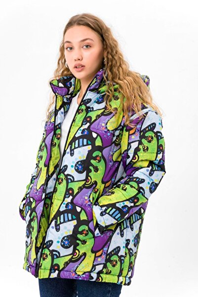 FARM ANİMALS Oversize Retro Gate Dijital Art Puffer Mont Kadın