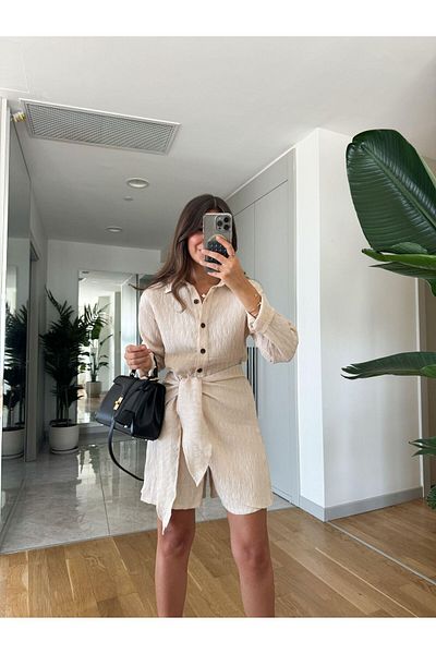 Laluvia Pleated Beige Overalls - Front Button and Side Tie Detail