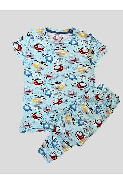 elmas kids Pijama de vară cu mânecă scurtă, 100% bumbac, cu model elicopter albastru