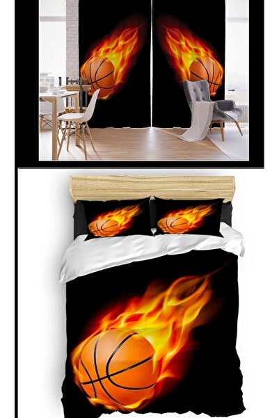 Elmas Dizayn طقم غطاء لحاف كرة سلة أسود مزدوج - 4 قطع و2 ستارة خلفية مقاس كينج
