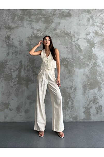 BRGCLOTHING Set de vestă și pantaloni largi din țesătură de in premium bej pe...